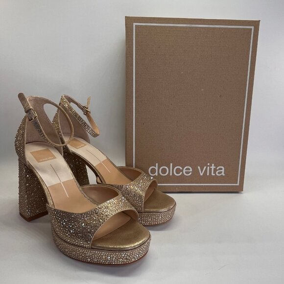 Dolce Vita Pandro Crystal Platform Heels Size 10 Light Gold Open Toe Sandals - Picture 1 of 16